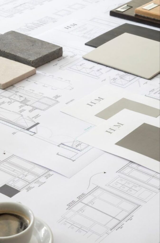 A space planning lay showing colors that would work in this room.
