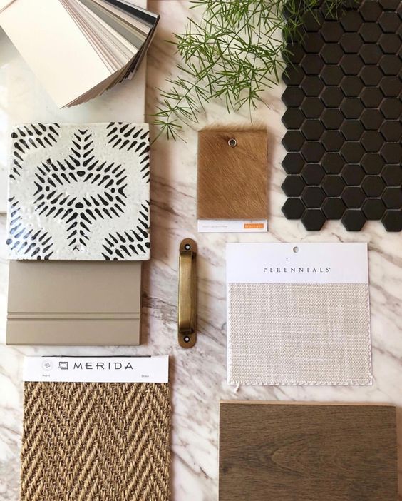 Idea board of interior design products.
